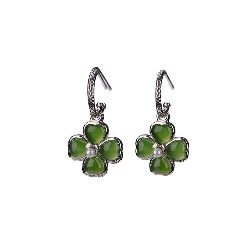 925 Sterling Silver Cyan Jade Four Leaf Clover Luck Earrings
