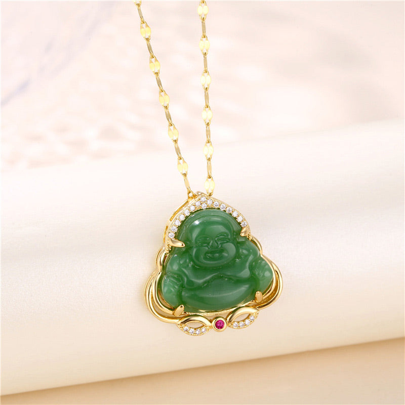 Natural Jade Laughing Buddha Necklace for Peace & Prosperity