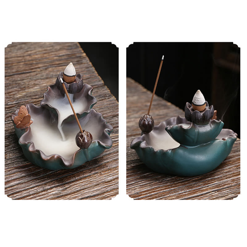 Ceramic Incense Burner Lotus Flower Frog Butterfly Decor