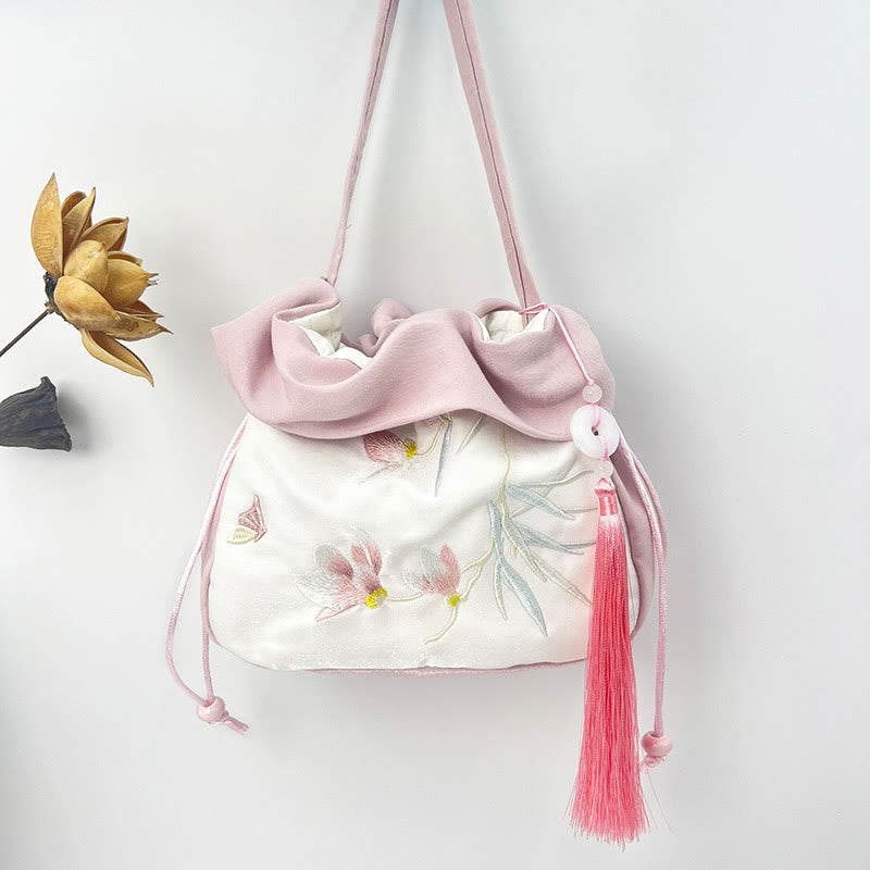 Silk Tote Bag | Embroidered Floral Yoga Carrier 20cm