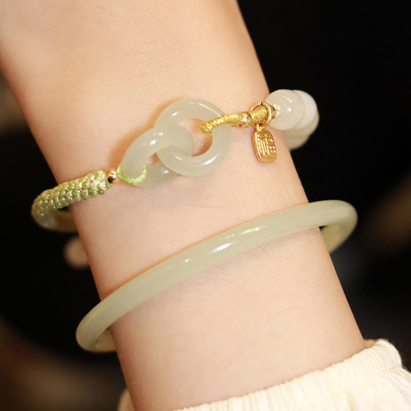 Natural Hetian Jade Double Peace Buckle Bracelet for Abundance