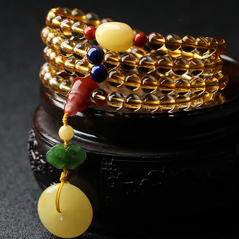108 Bead Citrine and Amber Gemstone Mala Bracelet for Peace
