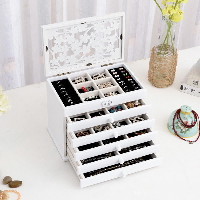 Six-Layer Wooden Jewelry Box with Vintage Plum Blossom Carvings