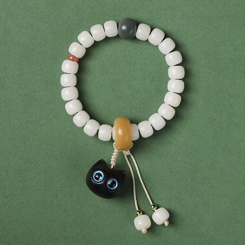 Natural Bodhi Seed Bracelet with Cat Charm for Peace & Harmony