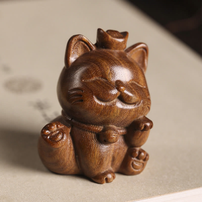 5cm Green Sandalwood Lucky Cat Statue for Peace & Prosperity