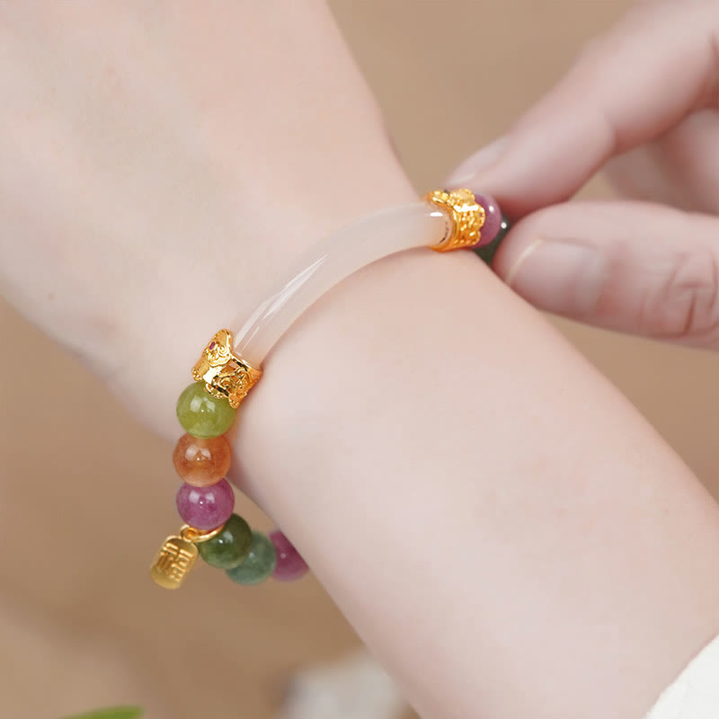 8mm Colorful Tourmaline Chalcedony Fu Charm Bracelet