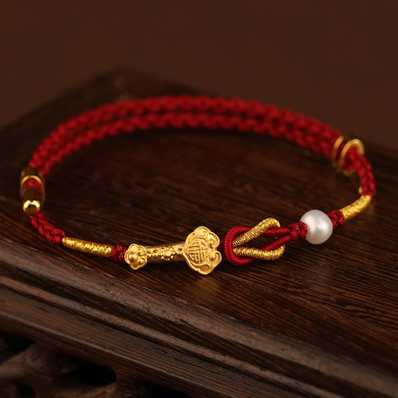 24K Gold Red String Wish Ruyi Fu Bracelet for Luck