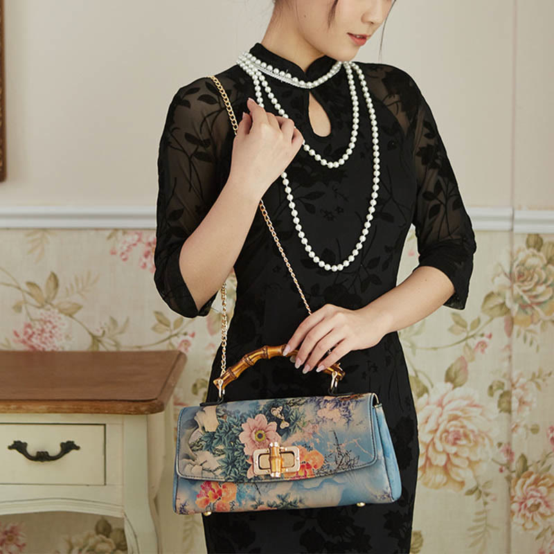 Flower Pattern Bamboo Handle Crossbody Bag 29cm