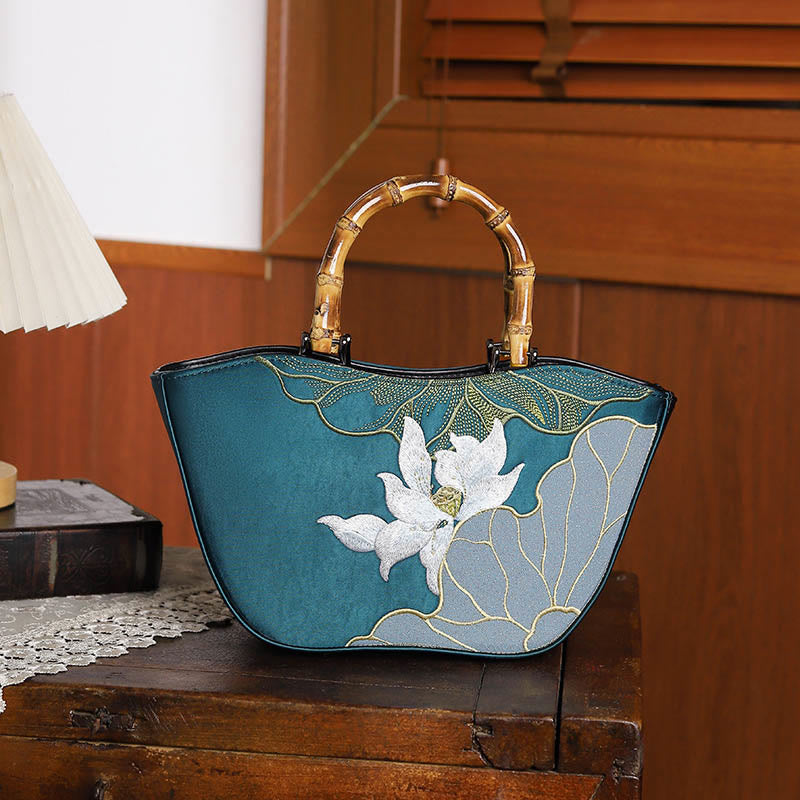Lotus Embroidery Handbag with Bamboo Handle 17cm by 15cm
