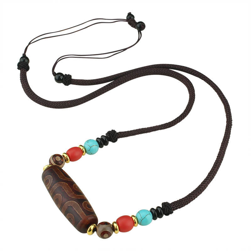 Unisex Agate Necklace with Nine-Eye and Three-Eyed Dzi Beads for Protection