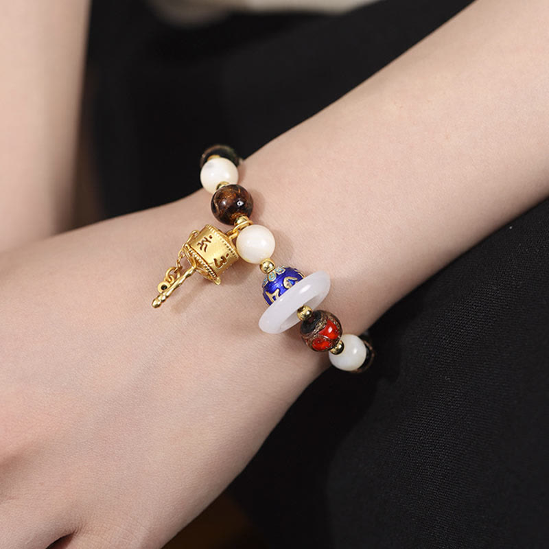 Om Mani Padme Hum Om Bracelet with Tridacna & Sun Stones 14-16cm