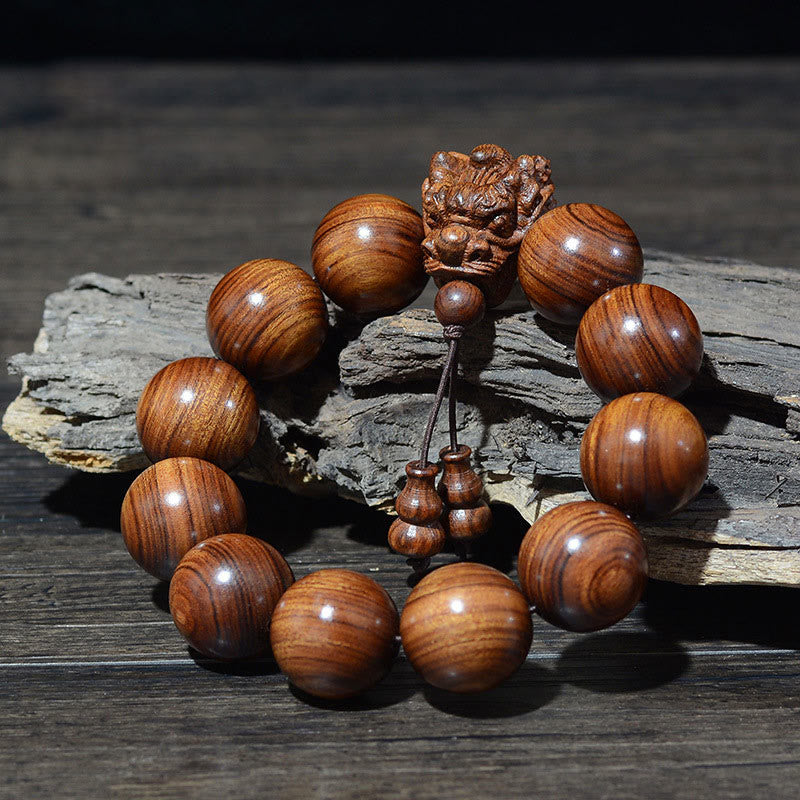 Dragon Carved Protection Bracelet in Rosewood & Sandalwood 20mm Beads