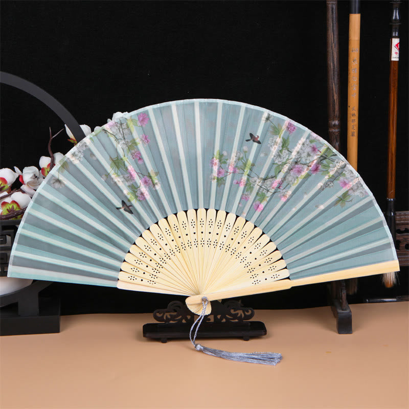 Classic Birds Singing Flowers Bamboo Folding Fan