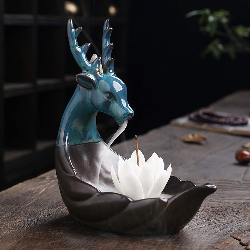 Ceramic Lotus Backflow Incense Burner with Deer 18cm