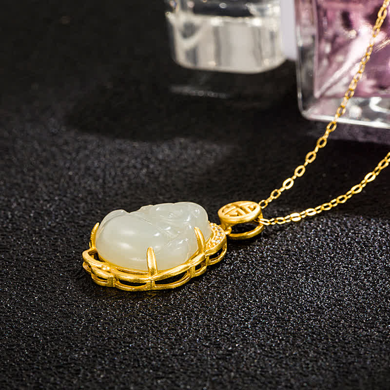Hetian White Jade Buddha Necklace 925 Sterling Silver Protection Pendant
