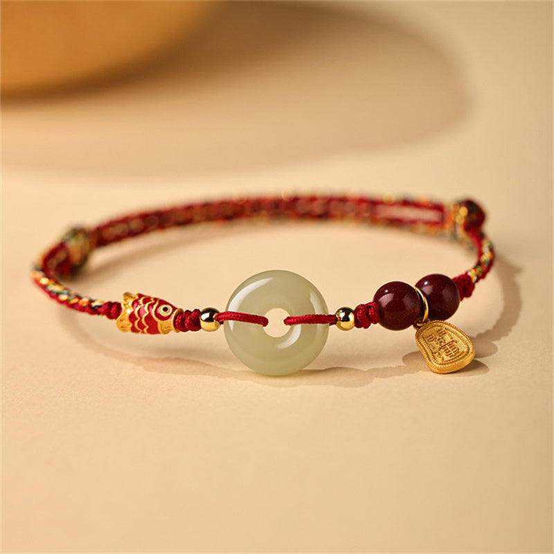 Sterling Silver Koi Fish Bracelet with Jade Peace Buckle