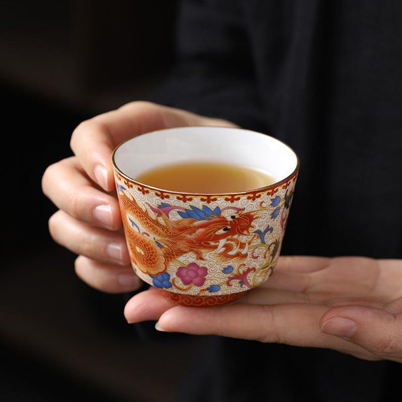 2Pcs Dragon Phoenix Ceramic Tea Cups for Zen Decor