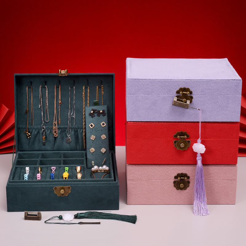 Two-Layer Flannel Jewelry Box with Lock for Zen Decor