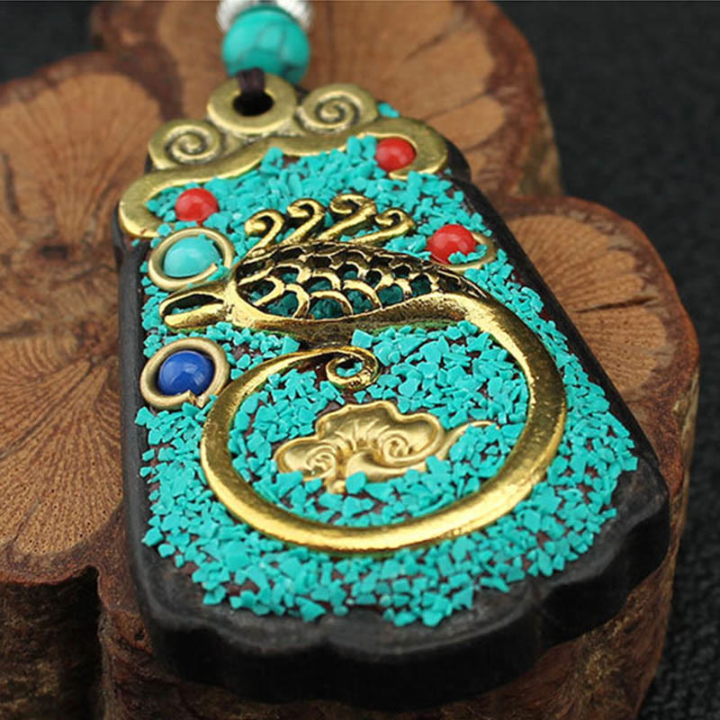 Ebony Spiritual Necklace with Wealth Gods & Golden Phoenix