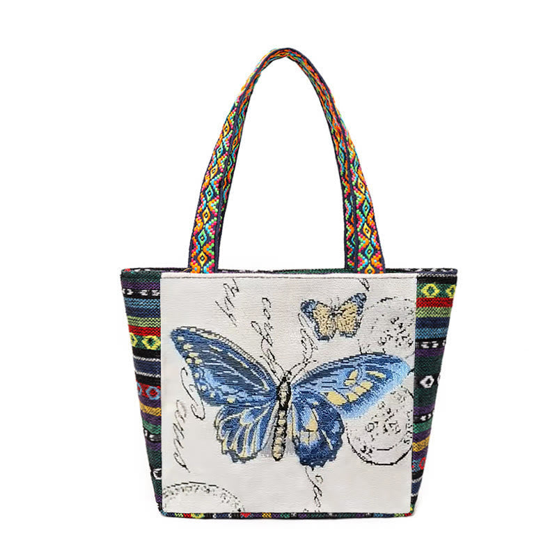 Large Canvas Tote Bag with Elephant Butterfly Embroidery - Spiritual Charm