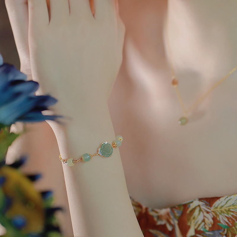 14K Gold Plated Hetian Jade Rose Flower Luck Bracelet