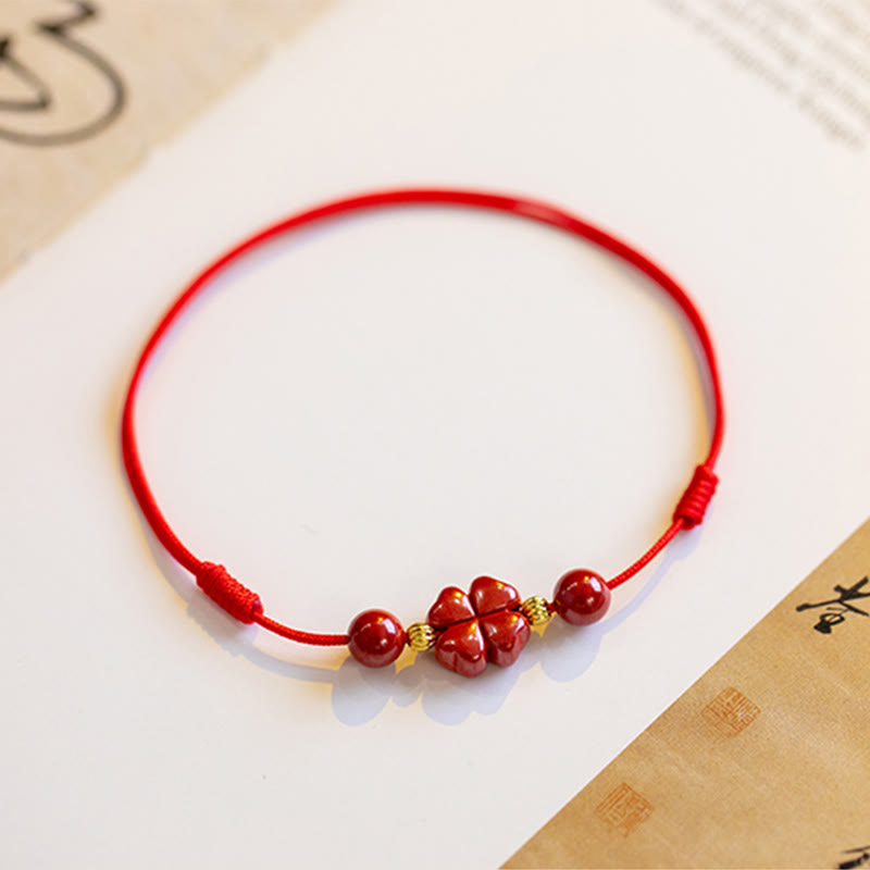 Cinnabar String Bracelet with Four Leaf Clover for Calm & Blessing