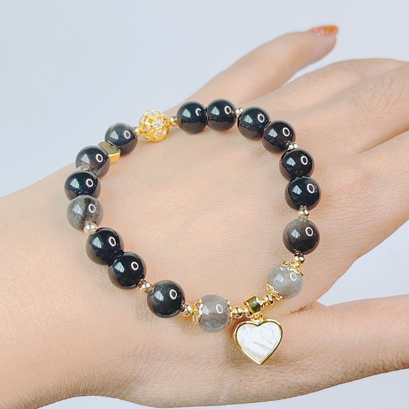 Silver Sheen Obsidian Protection Bracelet with Love Heart Charm