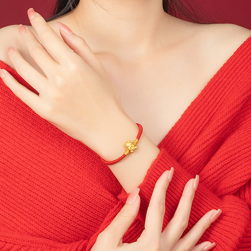 999 Sterling Silver Dragon Bracelet with Red String for Luck & Protection