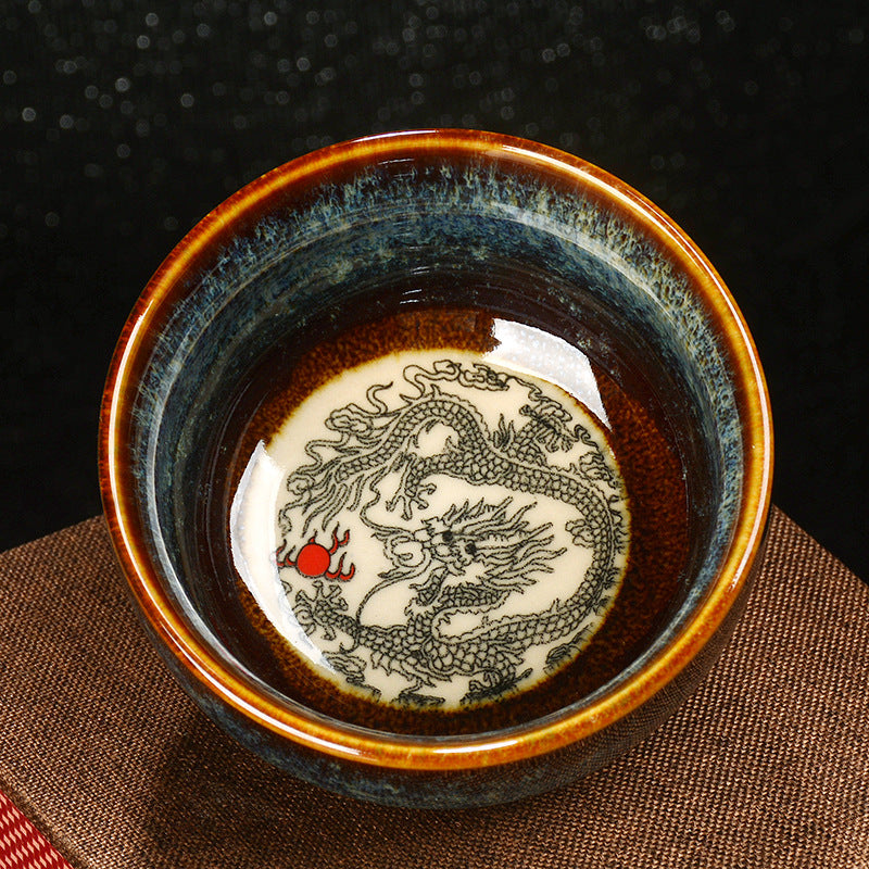 8cm Ceramic Jian Zhan Dragon Lotus Teacup | Zen Decor