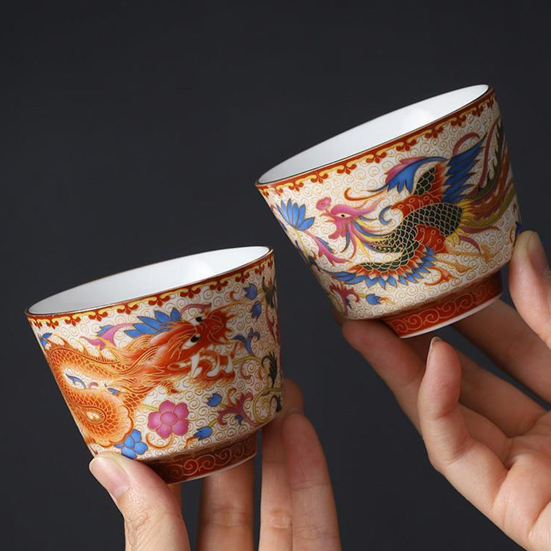 2Pcs Dragon Phoenix Ceramic Tea Cups for Zen Decor