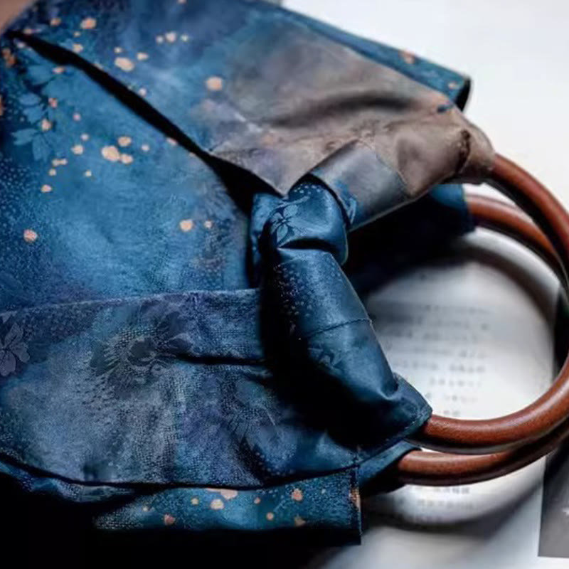 Blue Handmade Jacquard Flower Wooden Handle Bag 23cm