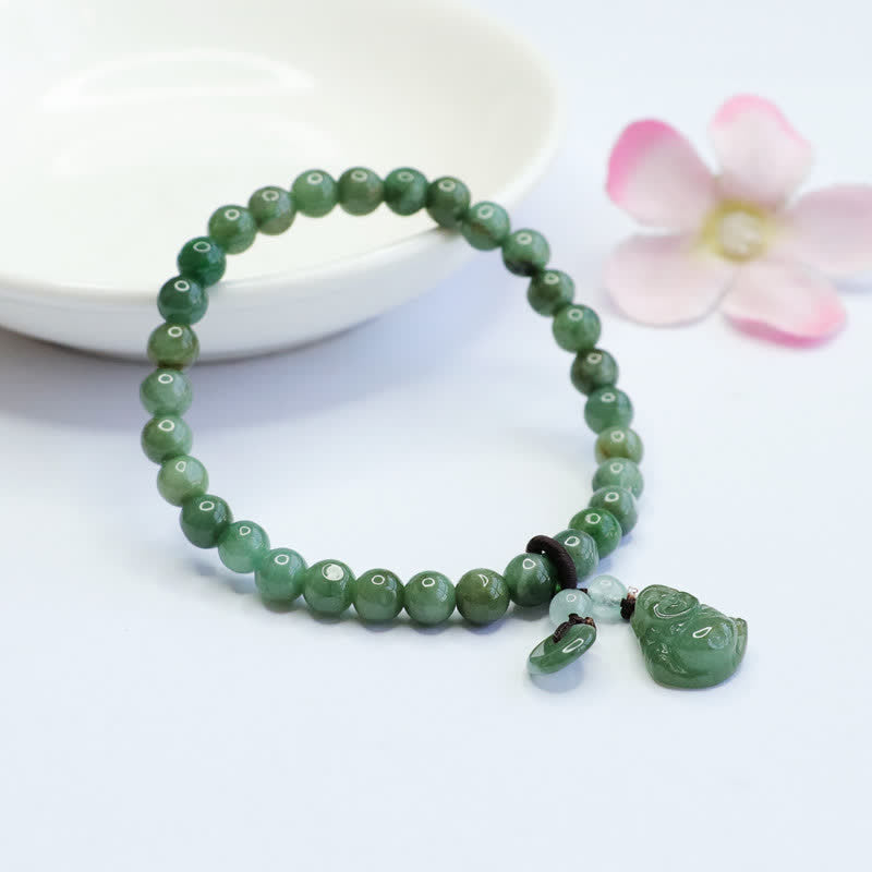 Cyan Jade Buddha Bracelet with Laughing Buddha Charm for Healing