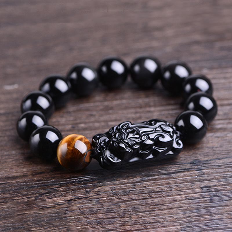 Natural Black Obsidian PiXiu Bracelet 14mm for Strength
