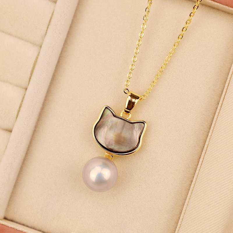 Natural Pearl Copper Cat Healing Necklace & Earrings Set