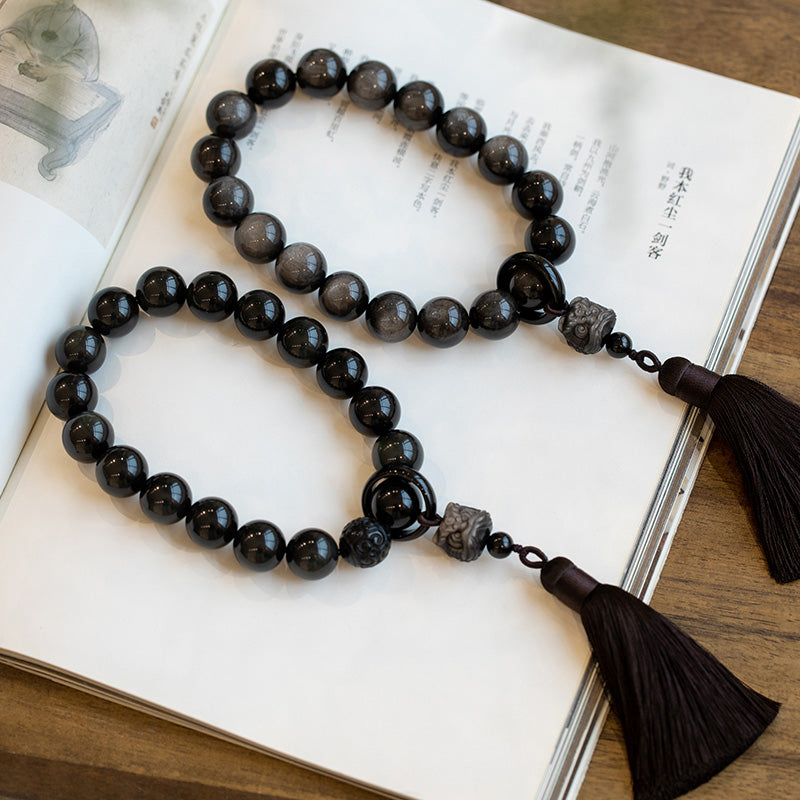 16mm Silver Sheen Obsidian Lion Wrist Mala for Protection & Wisdom