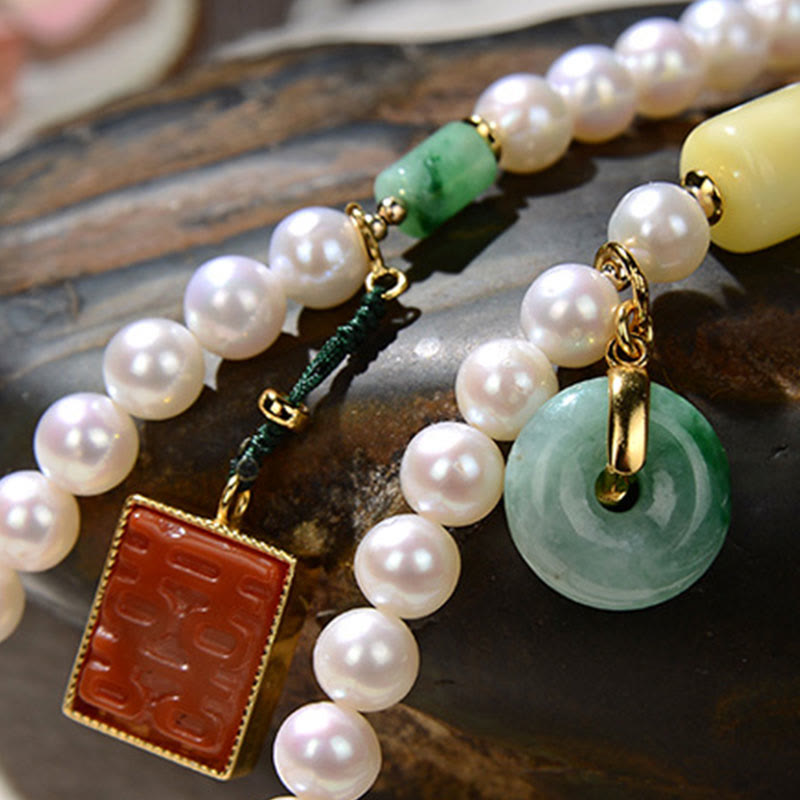Quadruple Wrap Jade Bracelet with Pearl, Red Agate & Amber for Luck