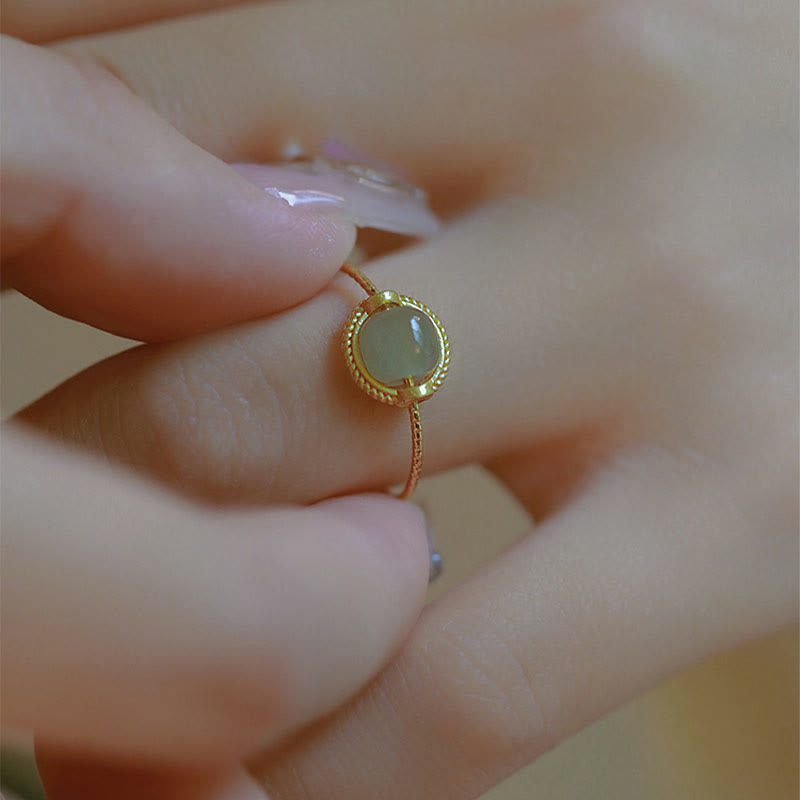 Adjustable 14K Gold Plated Jade Ring for Luck & Prosperity