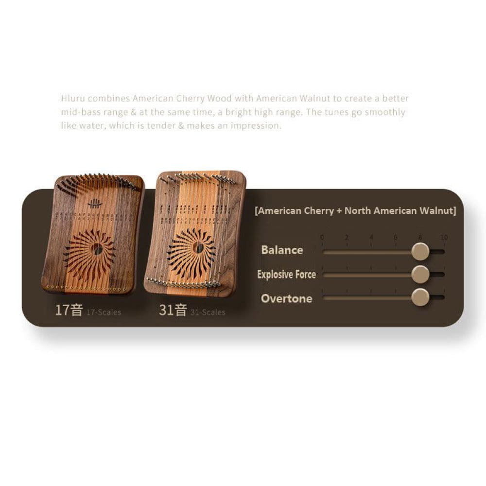 Two wooden reed blocks with sunburst patterns on Adjustable Lyre Harp control panel