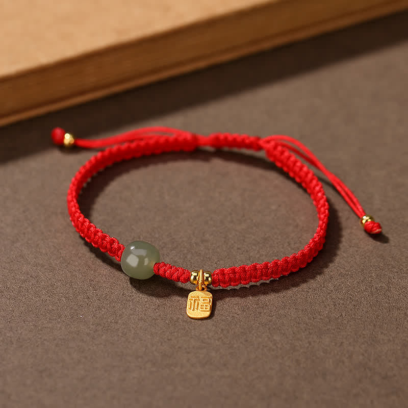Adjustable 7x8mm Hetian Jade Red String Blessing Bracelet