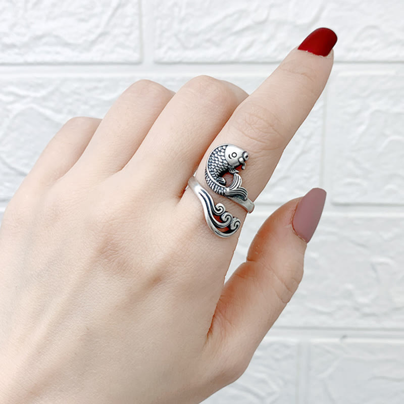 Adjustable 925 Sterling Silver Koi Fish Luck Prosperity Ring
