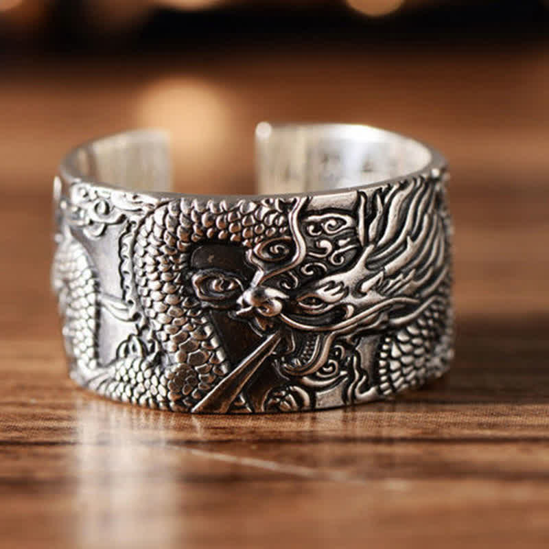Adjustable 999 Sterling Silver Dragon Protection Success Ring
