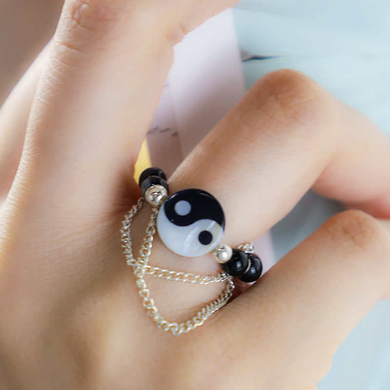 Adjustable Agate Yin Yang Symbol Balance Luck Ring