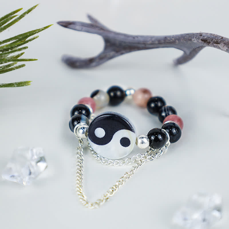 Adjustable Agate Yin Yang Symbol Balance Luck Ring