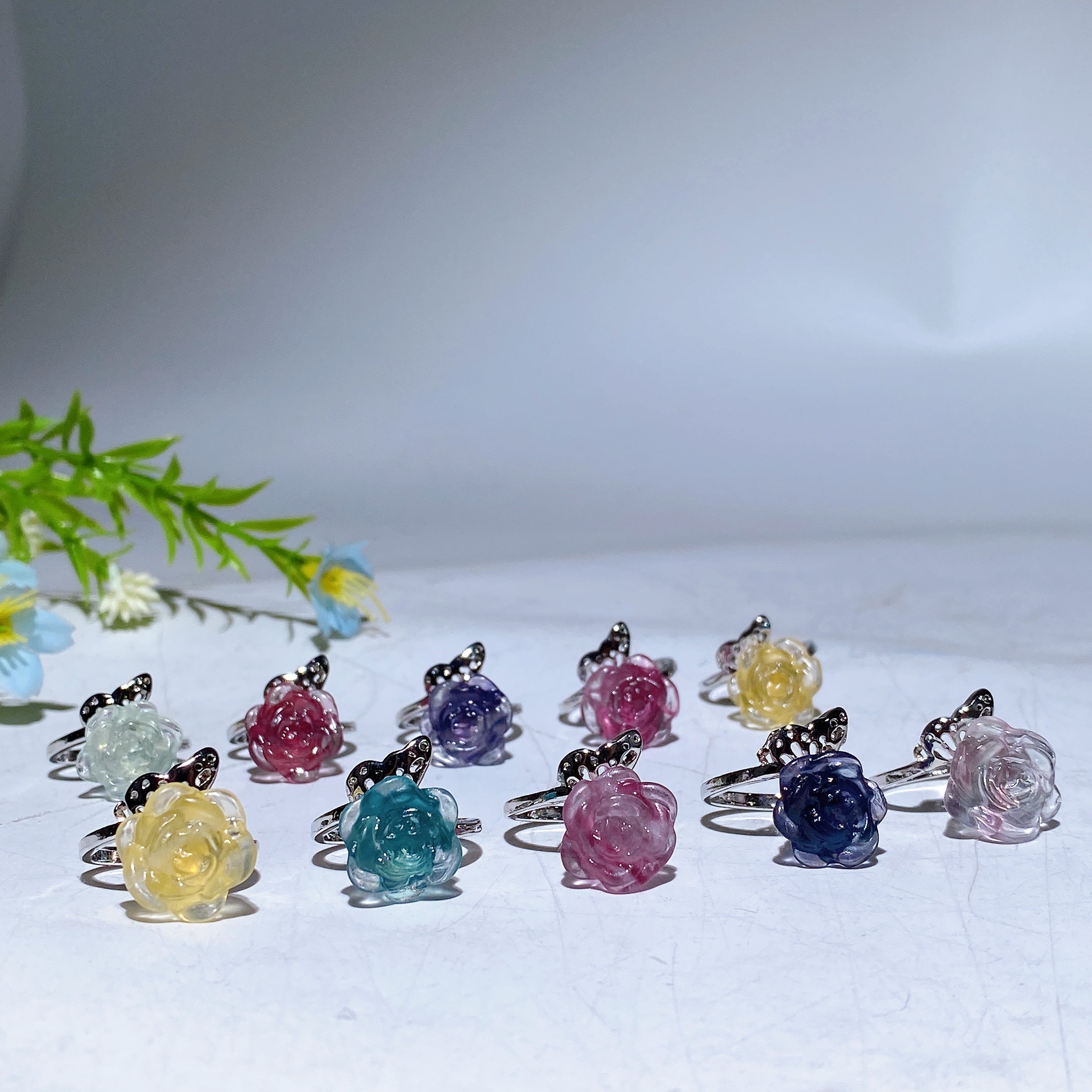 Adjustable Colorful Fluorite Flower Ring for Healing Energy