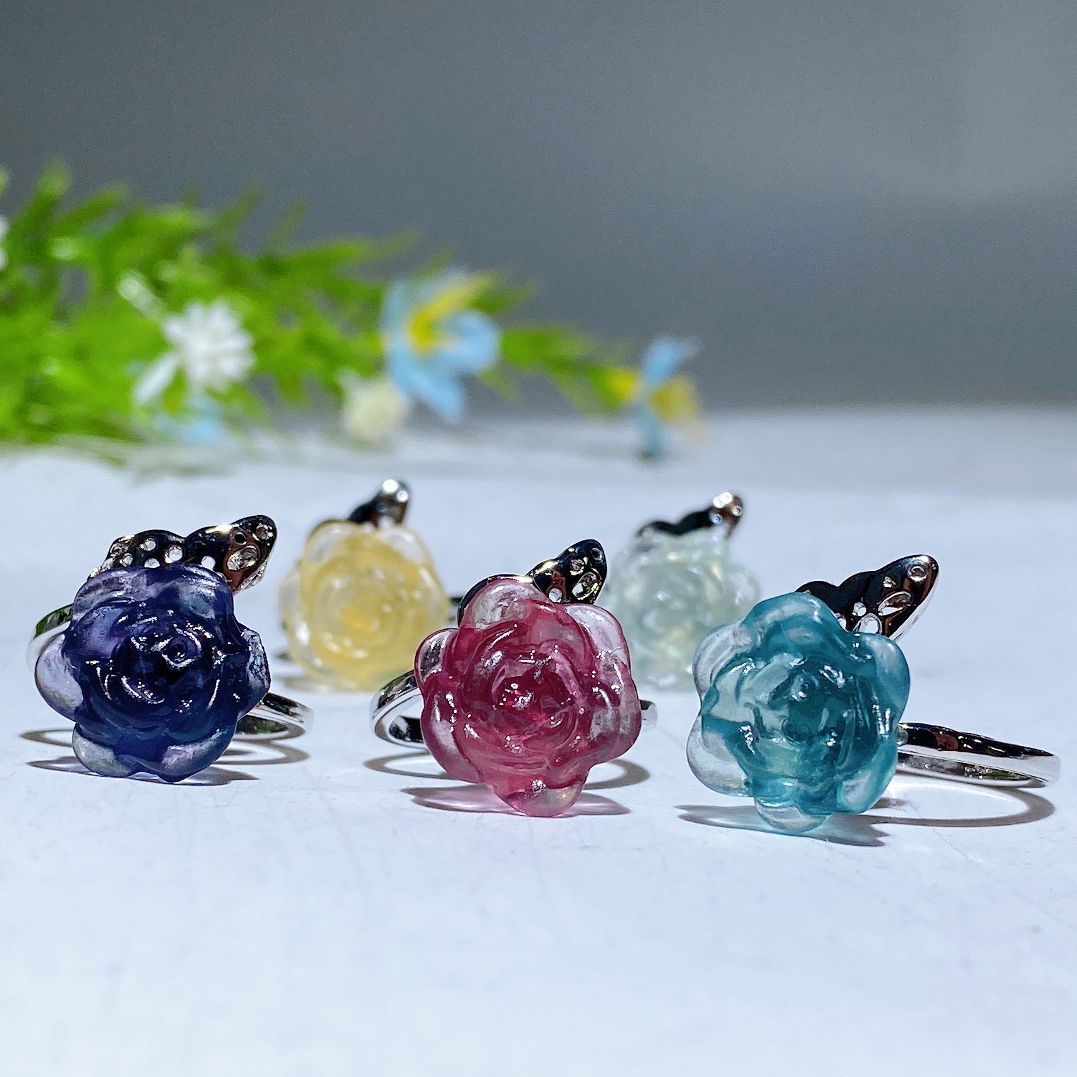 Adjustable Colorful Fluorite Flower Ring for Healing Energy