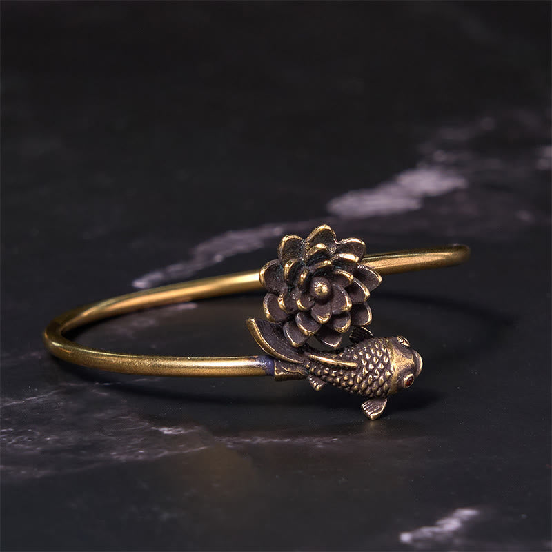 Adjustable Copper Lotus Flower Koi Fish Bracelet Bangle for Luck & Enlightenment