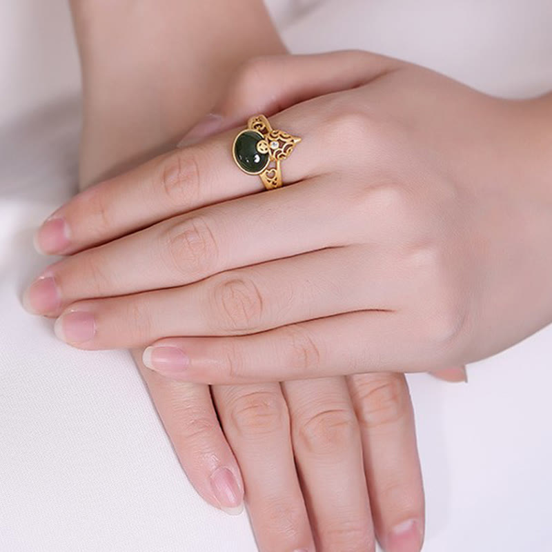 Adjustable Cyan Jade Success & Luck Ring with Copper Coin