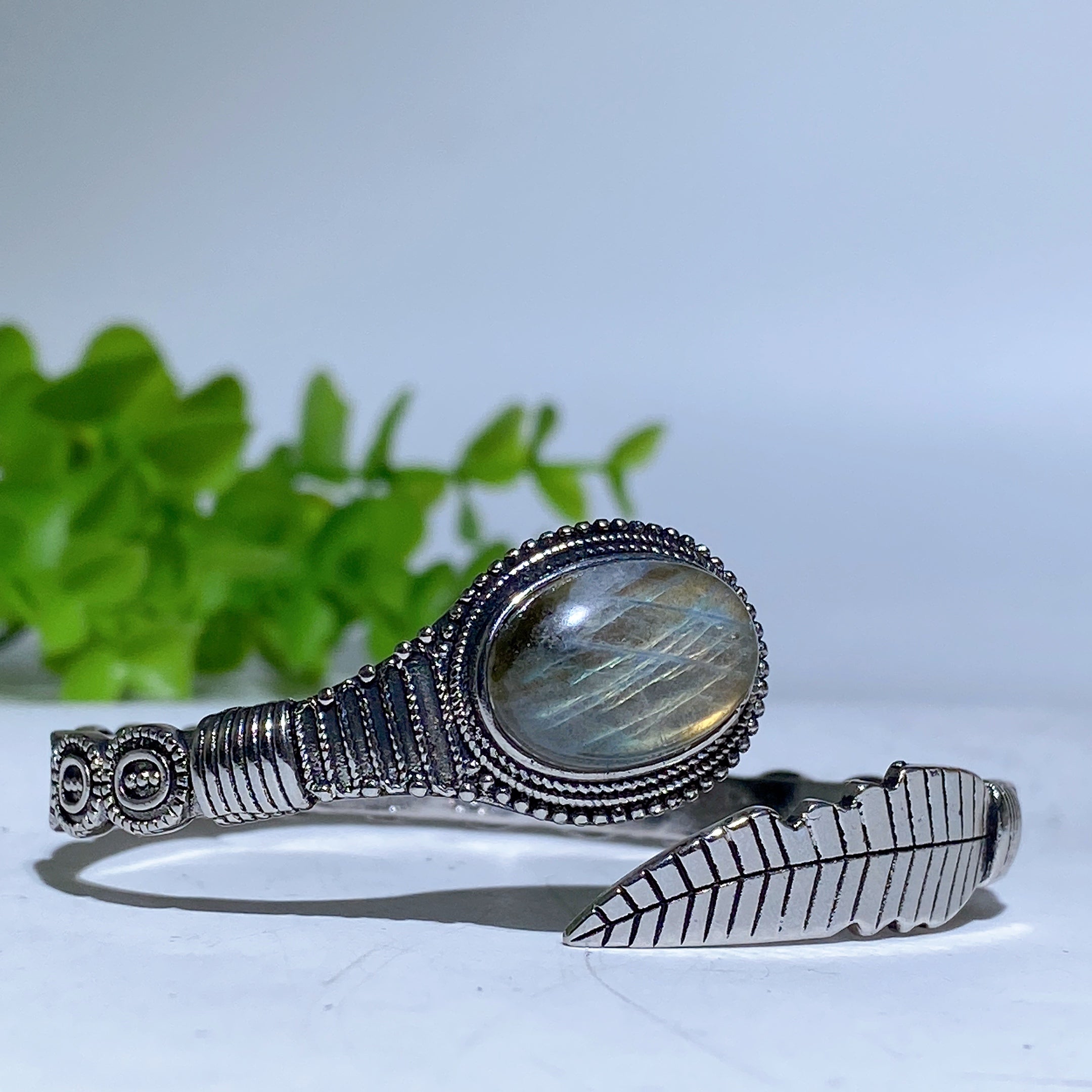 Adjustable Labradorite Crystal Healing Bangle with Dragon Motif