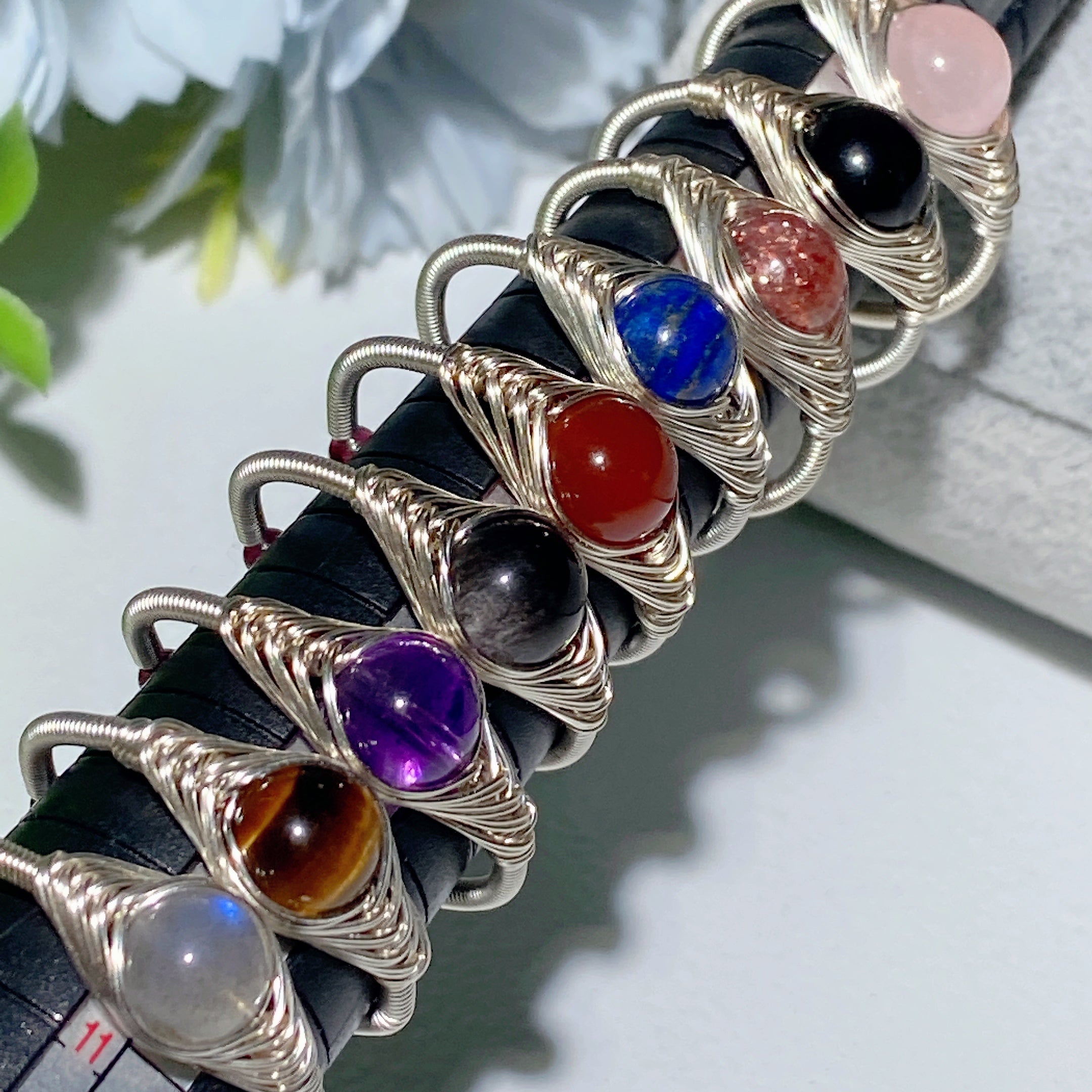 Adjustable Mixed Crystal Ring with 9 Gemstones for Healing Energy