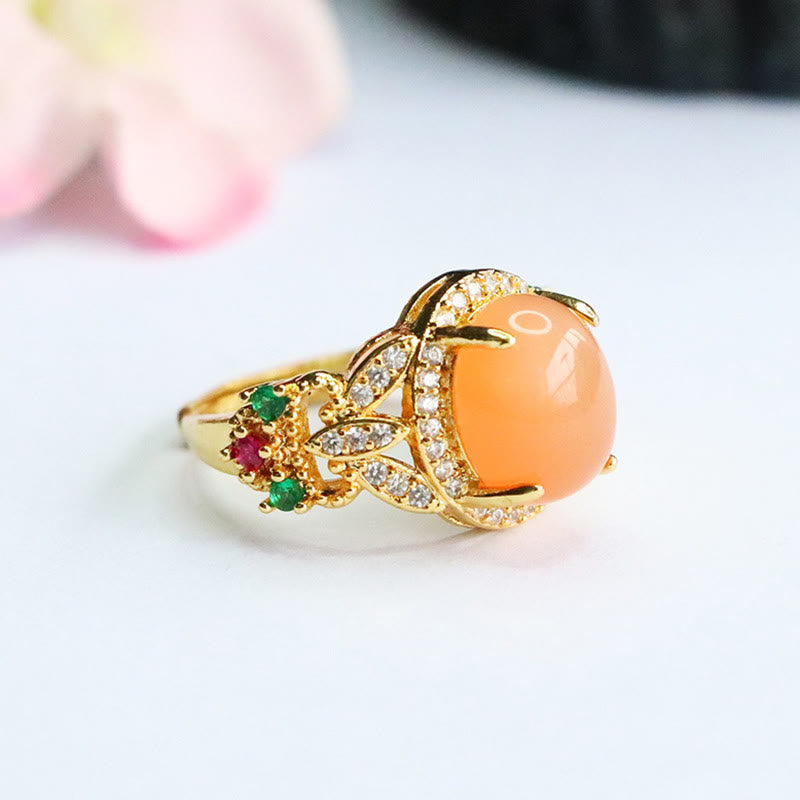 Adjustable Peach Moonstone Ring Four Leaf Flower Design | Vintage